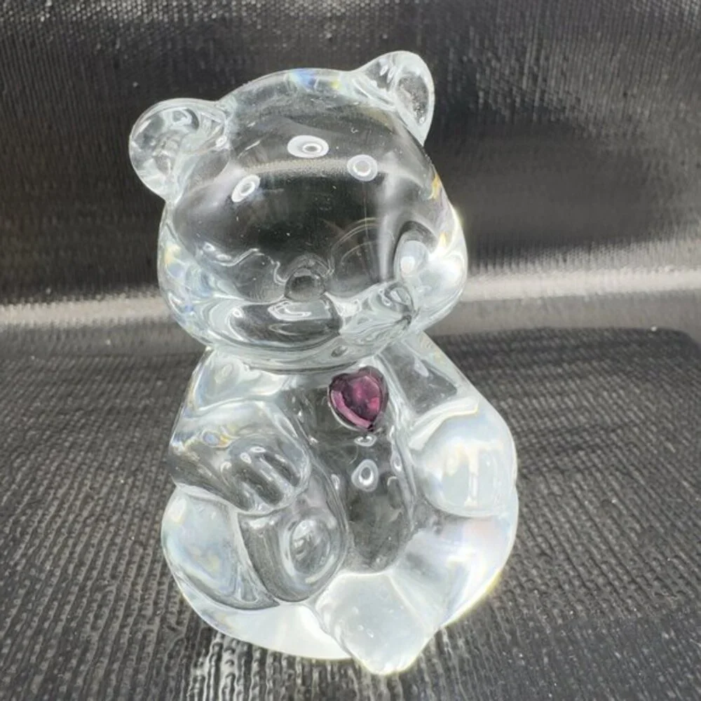 Vintage Fenton Clear Glass Bear Figurine‎ Paperweight With Purple Amethyst Stone
